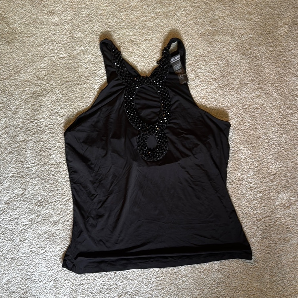 Bisou Bisou Black Embellished Fitted Sleeveless Tank Top